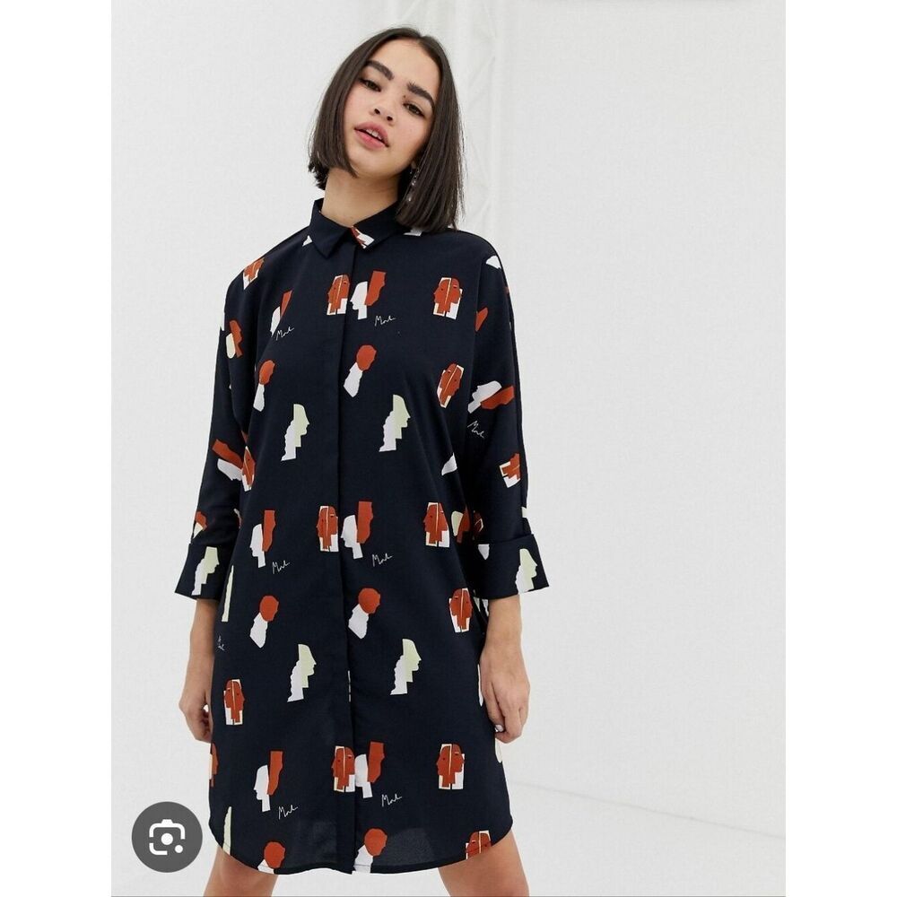 Monki Blue Mini Shirt Dress with Cream and Rust Graphic Prints